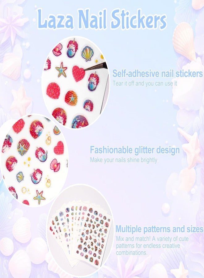 لازا مجموعة لازا من 10 أوراق ملصقات أظافر للأطفال، ملصقات تدوم طويلاً، ملصقات أظافر ذاتية اللصق، زينة أظافر بتصميم صدفة بحرية وحورية البحر، هدية رائعة لعيد الميلاد للأطفال والفتيات - عالم المحيط - Image 4